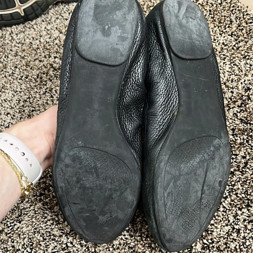 Tory Burch Gold Logo Melinda Black Leather Flat, worn